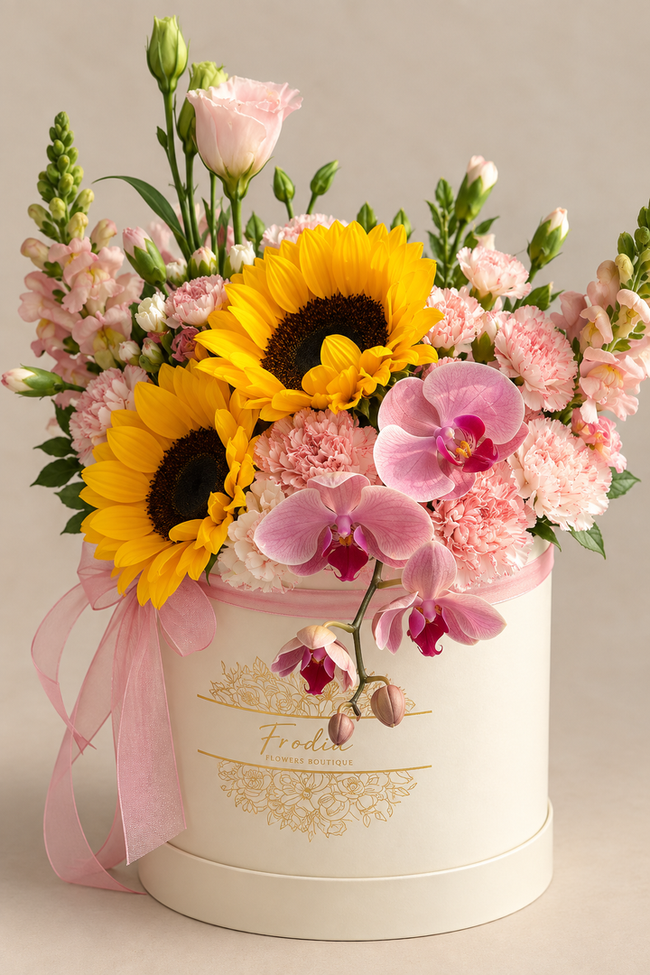 Box Aurora: box de girasoles, orquídeas y hortensias – Frodia Flowers